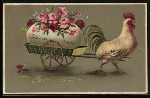 AK Osterei mit Blumen wird von einem Hahn gezogen, Ostergrüsse