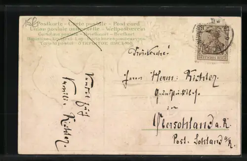 AK Osterei mit Blumen wird von einem Hahn gezogen, Ostergrüsse