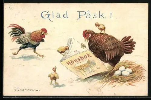 AK Hühnerfamilie mit einem Buch, Ostergruss, vermenschlichte Tiere