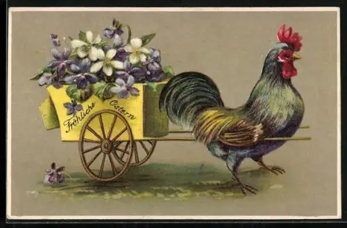 AK Ostern, Hahn zieht ein Wägelchen mit Blumen