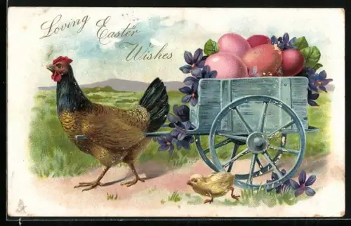 AK Henne zieht Wagen mit Ostereiern, Fröhliche Ostern