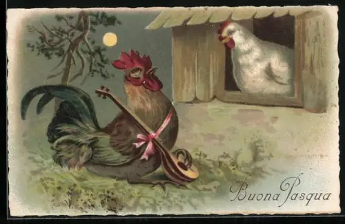 AK Hahn mit Lautengitarre bei Henne am Fenster bei Mondschein, Ostergruss, vermenschlichte Tiere