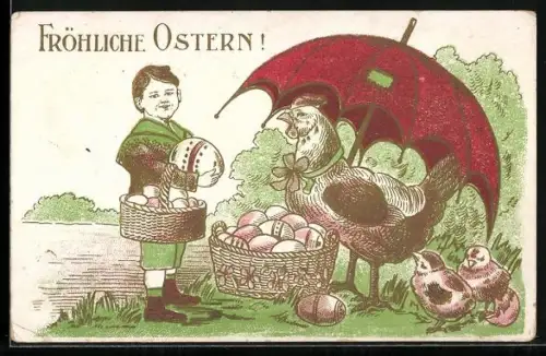 AK Ostern, Junge kauft Ostereier bei dicker Henne, Sonnenschirm