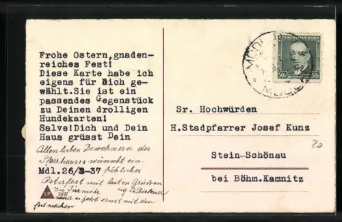 AK Hahn spielt für Küken Trompete, Ostergruss, vermenschlichte Tiere
