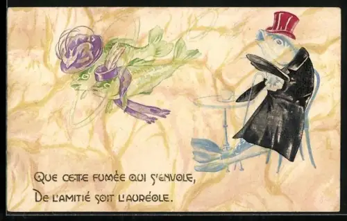 Präge-AK Fisch Raucht im Cafe, vermenschlichte Tiere