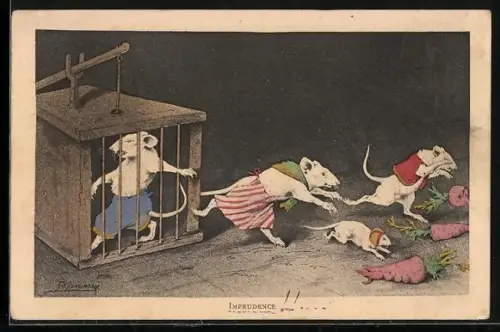 AK Weisse Mäuse in der Falle, vermenschlichte Tiere