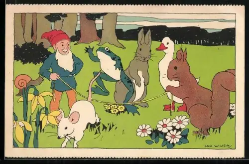 AK Zwerg springt mit Frosch und Eichhörnchen Seil, vermenschlichte Tiere