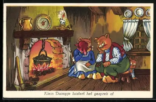 AK Holländische Bärenfamilie am Kamin, vermenschlichte Tiere