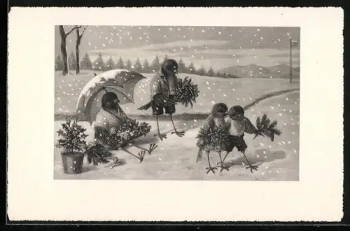 AK Vogelfamilie mit Tannenzweigen bei Schneefall, vermenschlichte Tiere