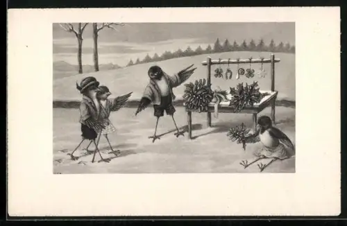 AK Vögel an einem Stand mit Glücksbringern im Schnee, vermenschlichte Tiere