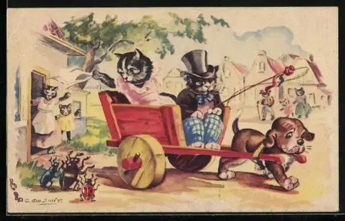 Künstler-AK Katzenbesuch verabschiedet sich, vermenschlichte Tiere