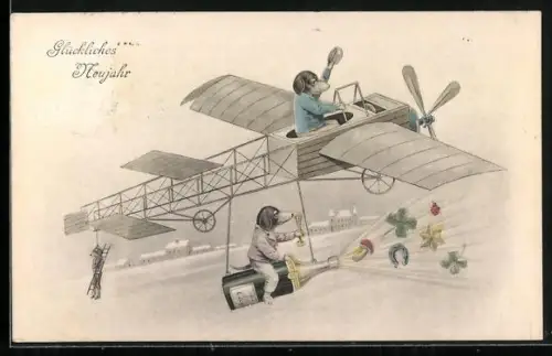 AK Hunde im Flugzeug und auf Sektflasche, Neujahrsgruss, vermenschlichte Tiere