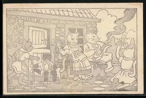 AK Katzenfamilie im Garten vor dem Haus, vermenschlichte Tiere