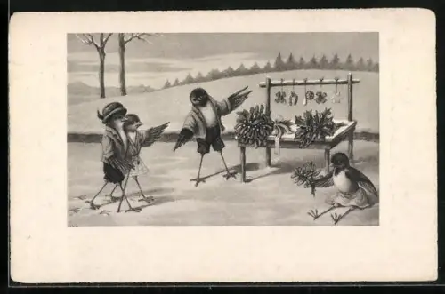 AK Vögel an einem Stand mit Glücksbringern im Schnee