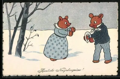 AK Bärenpaar mit Hufeisen im Schnee, Neujahrsgruss, vermenschlichte Tiere