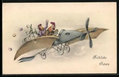 AK Hühnerpaar im Flugzeug mit Ostereiern, Ostergruss, vermenschlichte Tiere