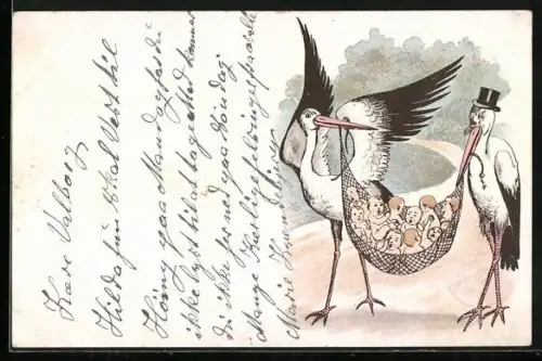 AK Storchenpaar mit Babys im Netz, vermenschlichte Tiere