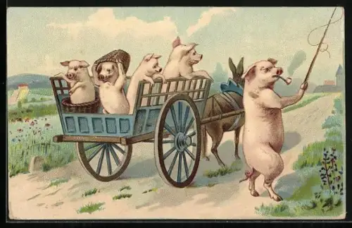 AK Schwein mit Ferkeln auf Eselswagen, vermenschlichte Tiere