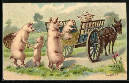 AK Schweinefamilie mit Eselsgespann, vermenschlichte Tiere