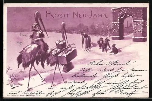 AK Storchenpaar und Kinder mit Schneebällen, vermenschlichte Tiere