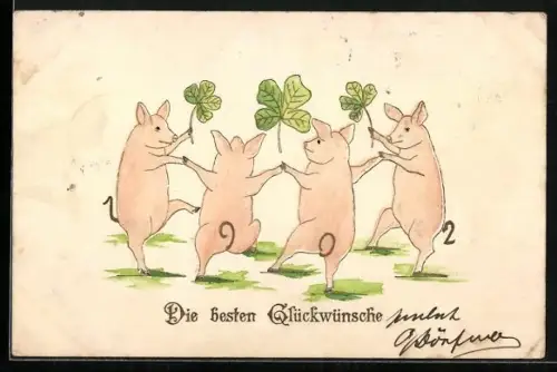 Präge-AK Schweine tanzen im Reigen, Glückwunsch, vermenschlichte Tiere