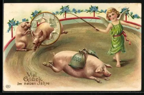 AK Engel mit Schweinen bei einer Zirkusnummer, Neujahrsgruss, vermenschlichte Tiere