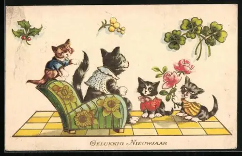 AK Katze im Sessel mit Katzenkindern, Neujahrsgruss, vermenschlichte Tiere