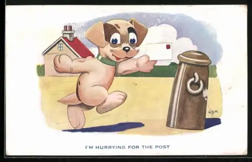 AK Hund rennt mit Brief zum Postkasten, vermenschlichte Tiere
