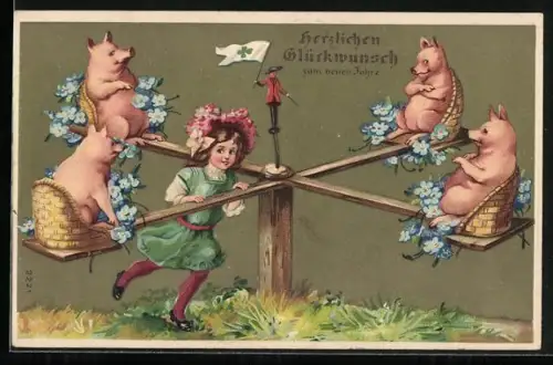 AK Mädchen schiebt ein Karussell mit vergnügten Schweinen und Vergissmeinnicht, Neujahrsgruss