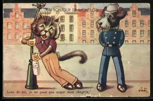 AK Hundewachmann findet betrunkenen Kater, vermenschlichte Tiere