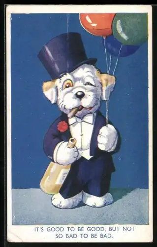 AK Hund als Lebemann im Frack mit Zylinder, Flasche und Ballons
