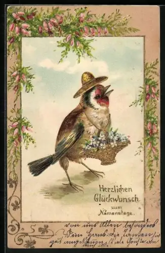Lithographie Singvogel mit Hut und Blumenkörbchen, Namenstagsgruss