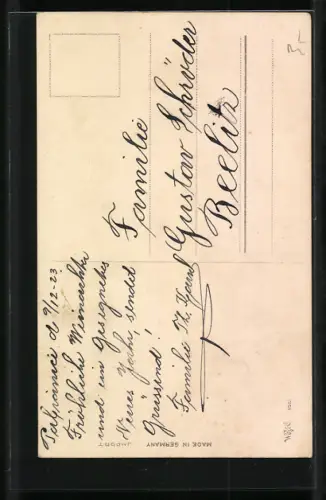 AK Vergnügtes Ferkelchen am Rockschoss eines Sekttrinkers, Neujahrsgruss