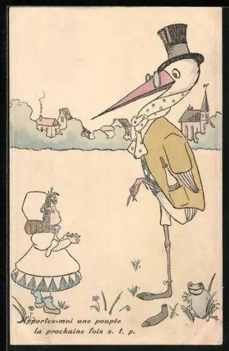 AK Klapperstorch mit Zylinder u. Monokel spricht mit einem kleinen Mädchen, Frosch