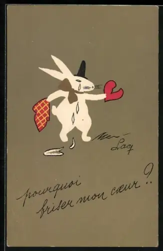 AK Weinendes Kaninchen hält gebrochenes Herz in der Pfote