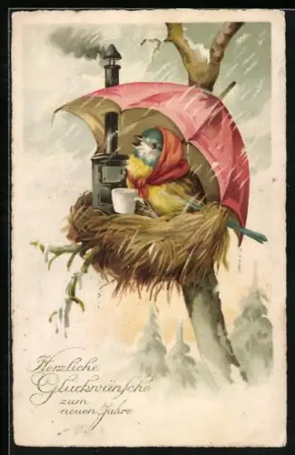 AK Vogelweibchen mit Schirm am Ofen im Nest, Neujahrsgruss, vermenschlichte Tiere