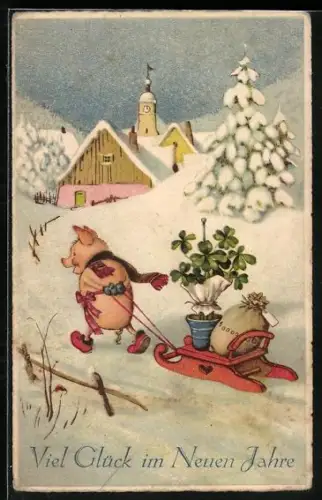 AK Neujahrsgrüsse, Schwein mit Schlitten voller Glücksbringer