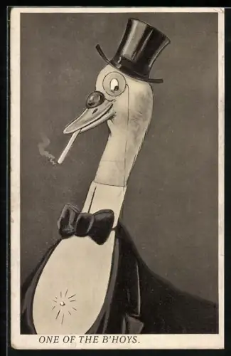 AK Gänserich mit Zylinder, Fliege und Zigarette