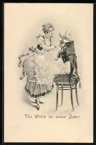 AK Junge Dame richtet die Fliege eines Schweins im Frack, Neujahrsgruss