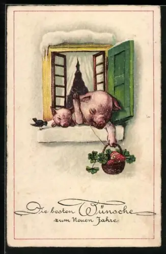 AK Schwein lässt einen Korb mit Glücksbringern aus dem Fenster, Neujahrsgruss