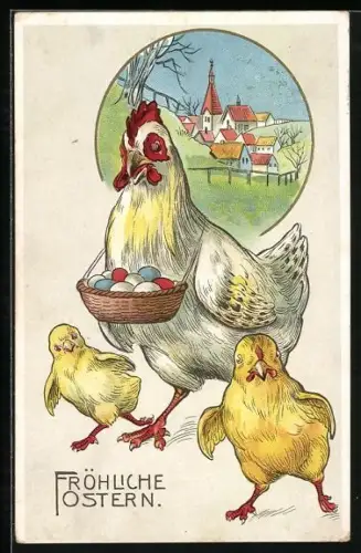 AK Fröhliche Ostern, Henne mit Küken und Eiern um den Hals