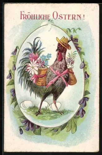 AK Hahn mit Blumen auf einem Osterei