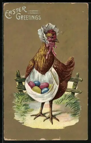 AK vermenschlichte Tiere, Huhn trägt Ostereier in einem Tuch
