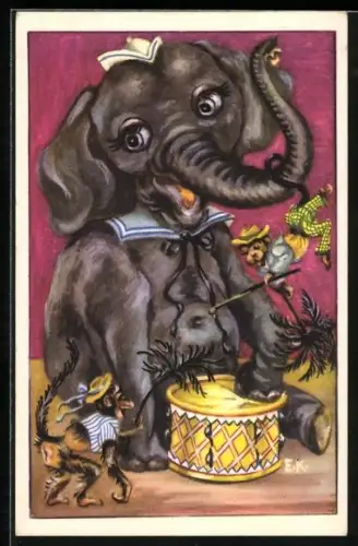 AK Kleiner Elefant mit Trommel, tanzendes Äffchen in Shirt u. Hut