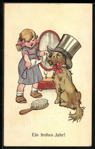 AK Kleines Mädchen legt Hund mit Zylinder einen Kragen um, Neujahrsgruss