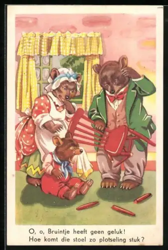 AK Bärenfamilie mit zerbrochenem Stuhl in der Stube