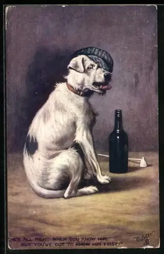 Künstler-AK Raphael Tuck & Sons Nr.9249: Hund mit Hut bewacht eine Flasche