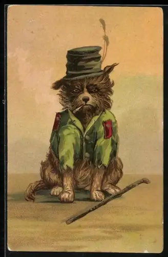 AK Hund als Landstreicher mit geflickter Jacke u. Zigarette
