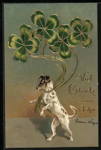 AK Neujahrsgruss, Terrier mit Vierblättrigem Klee