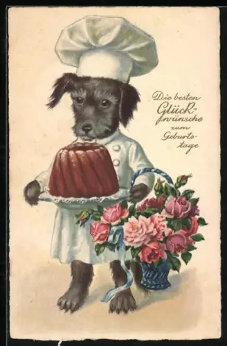 AK Hund als Bäcker mit Kuchen und Blumen, Geburtstagsgruss
